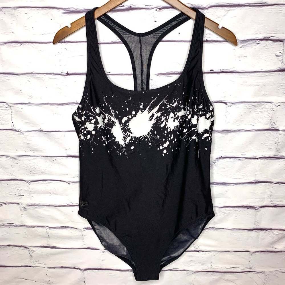 Speedo Women's Black & White Paint Slatter One-Piece Swimsuit Size 14